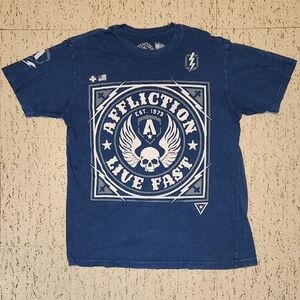 Affliction Blue & White Full Graphic Spellout Big Logo Crewneck T-Shirt